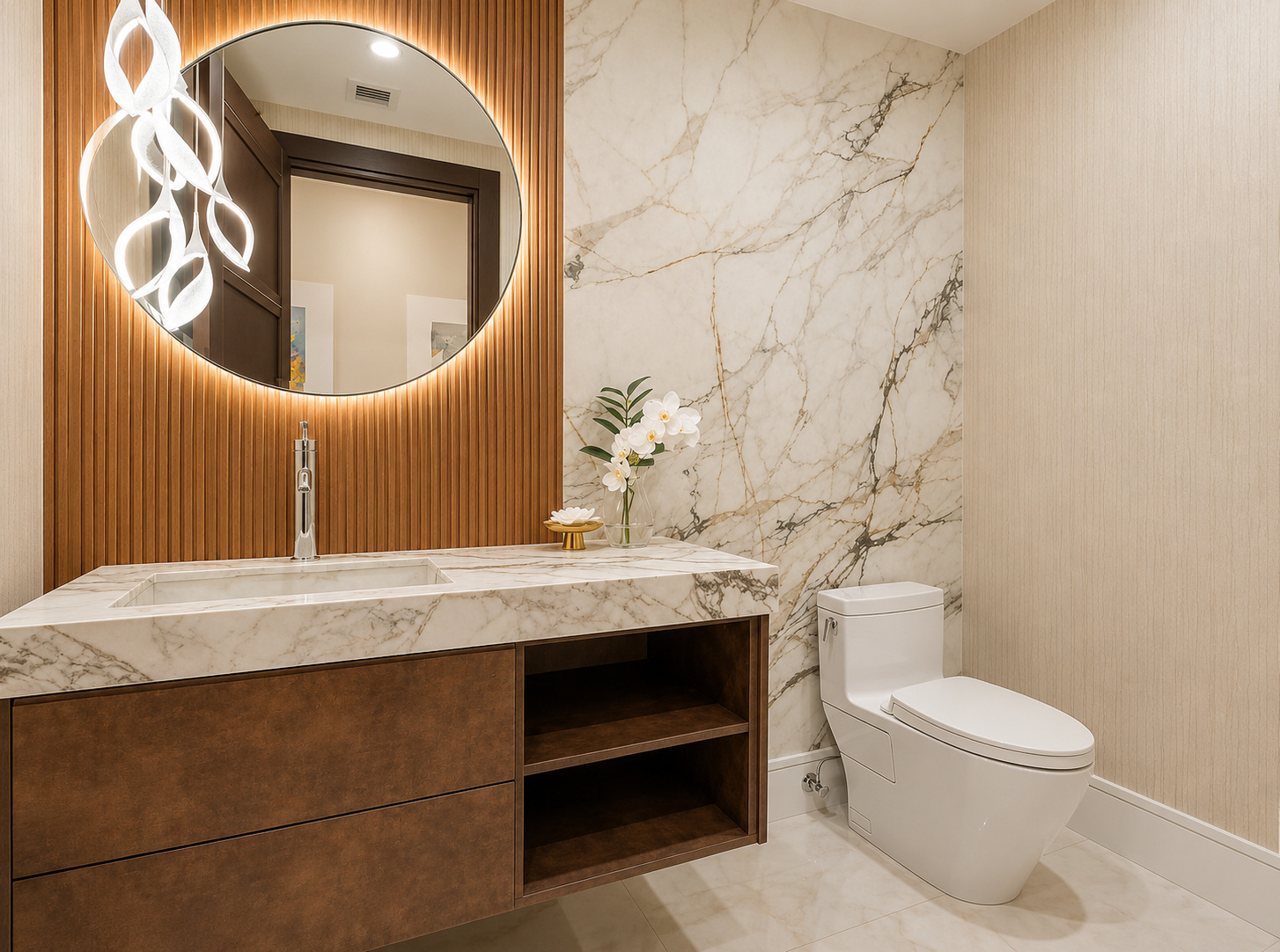 Marble powder room with backlit mirror | Sunshine Alliance, Boca Raton FL