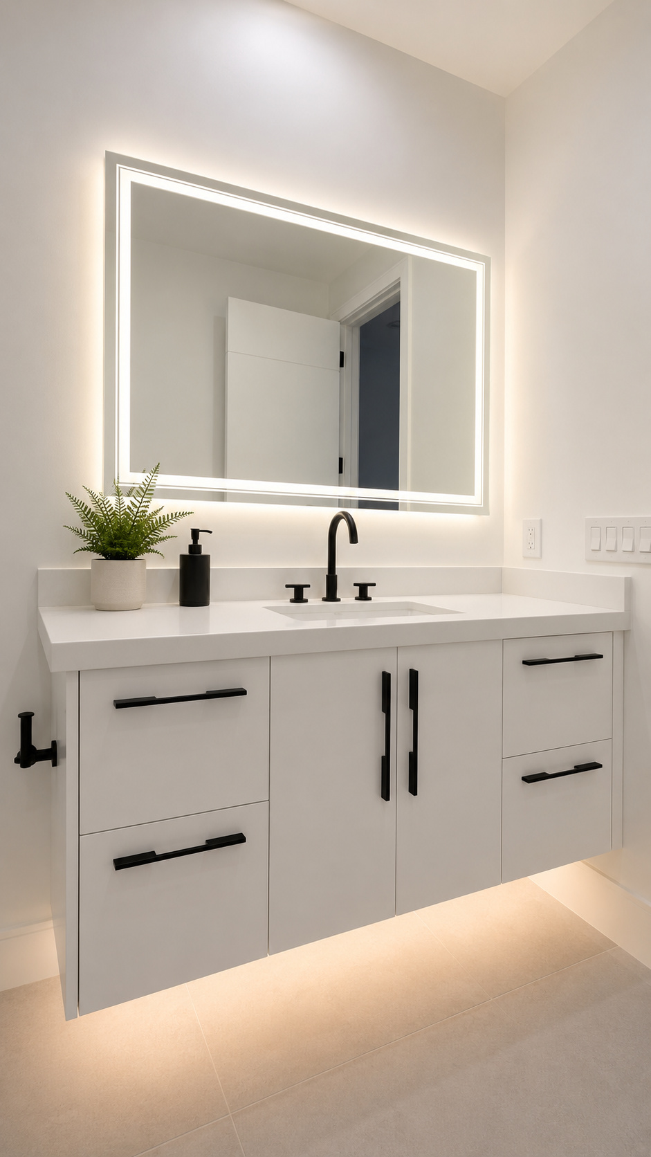 Minimalist bathroom vanity with backlit mirror | Sunshine Alliance, South Florida