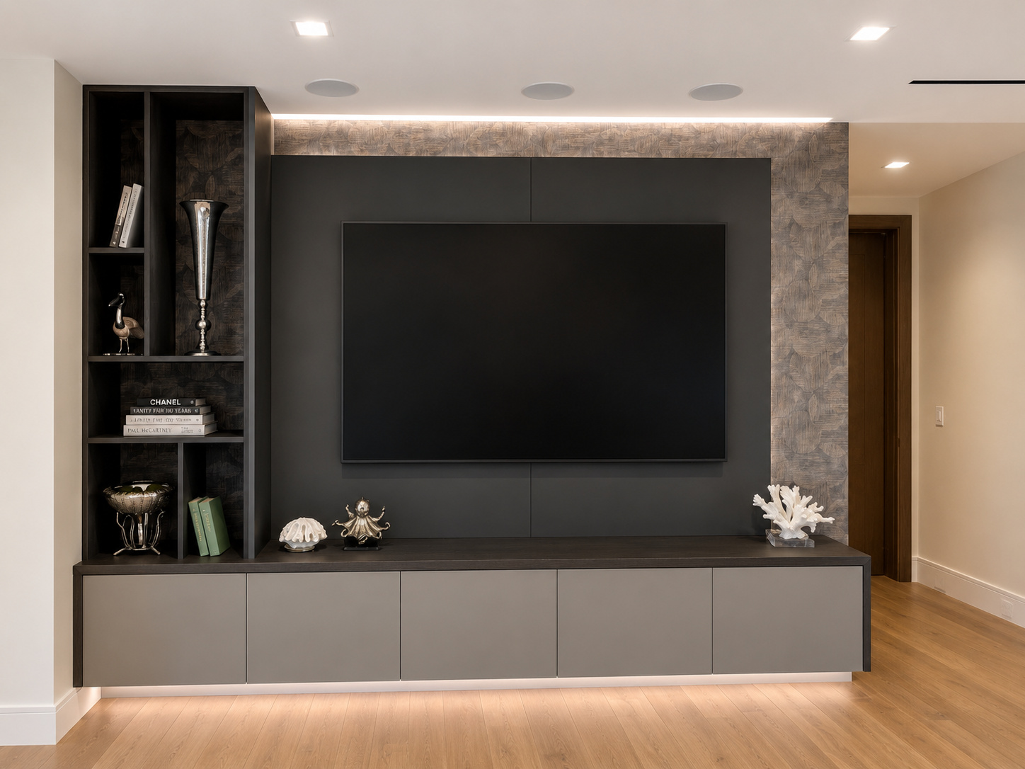 Gray media wall with built-in shelving | Sunshine Alliance, Boca Raton FL